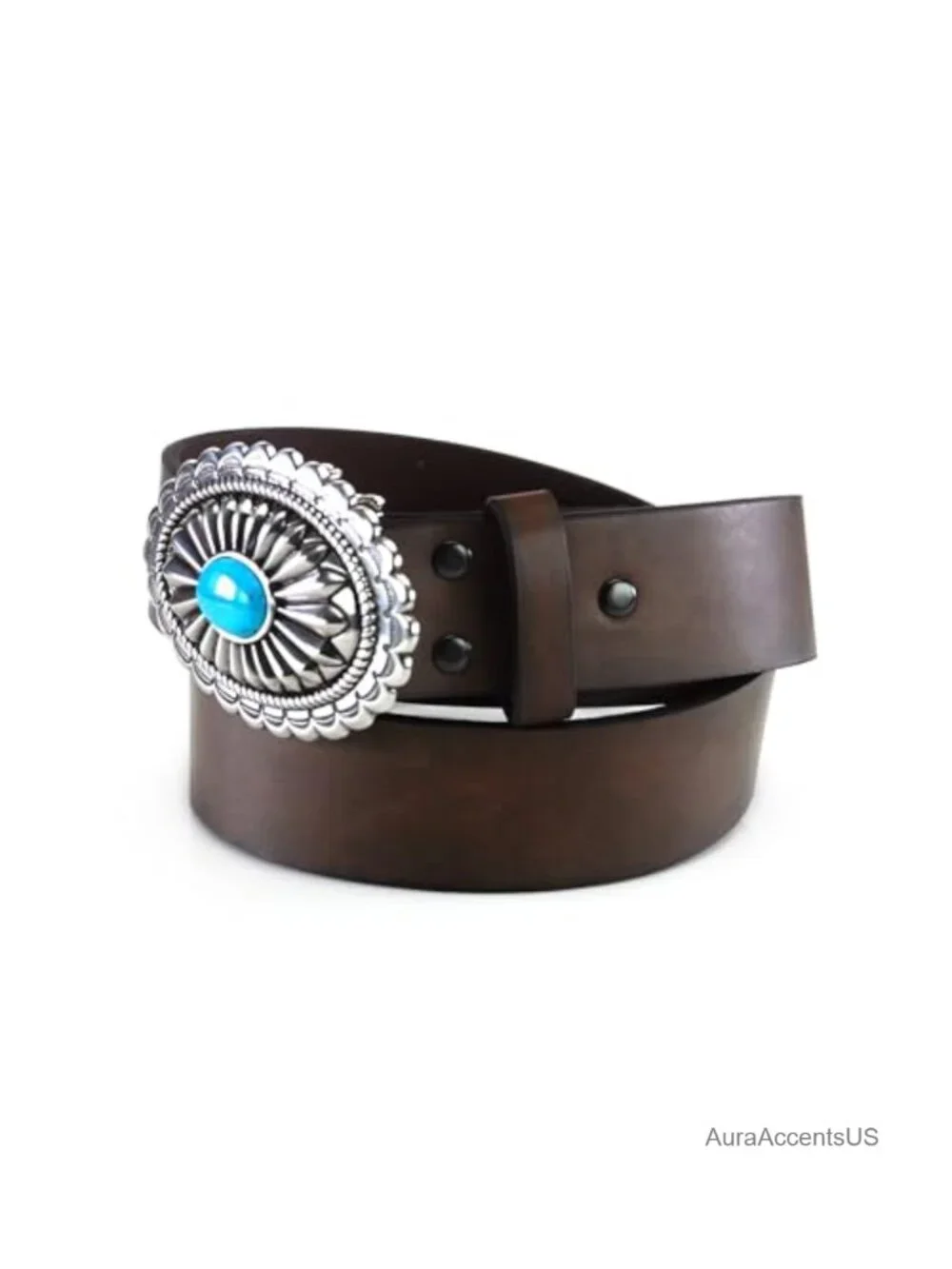 Genuine Leather Western Belt Tooled Silver-Tone Concho Buckle